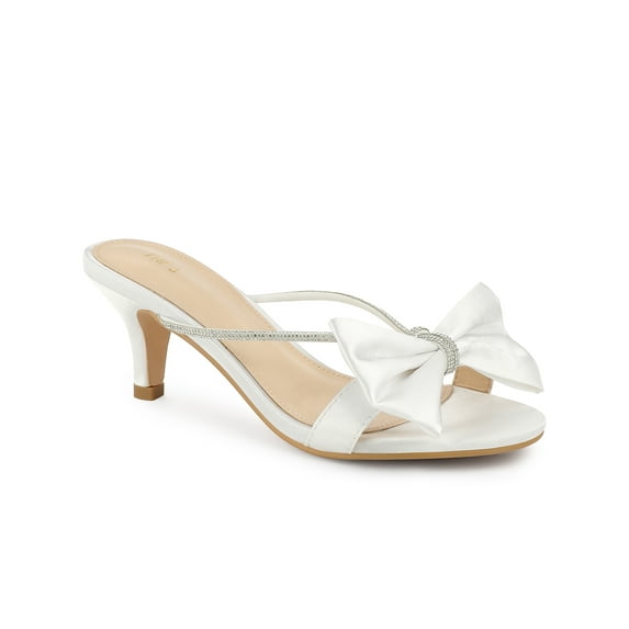 BLISSFUL STEP Women's Strappy Bow Rhines Kitten Heels Slide Sandals White 8.5