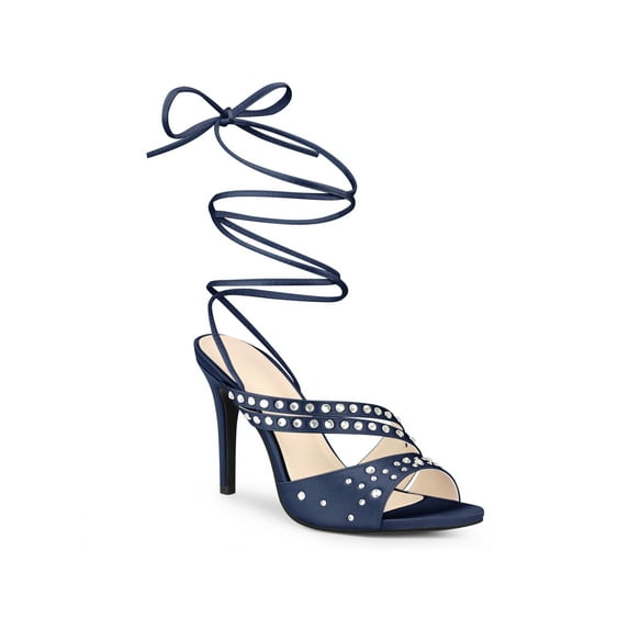 BLISSFUL STEP Rhines Strappy Lace Up Slingback Stiletto Heel Sandal for Women Navy Blue 6
