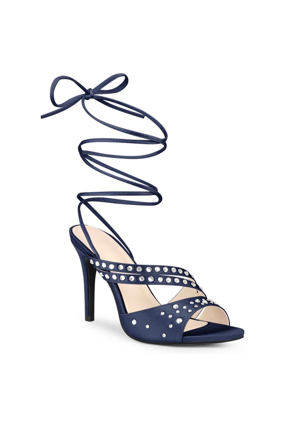 Rhines Strappy Lace Up Slingback Stiletto Heel Sandal for Women Navy Blue 8