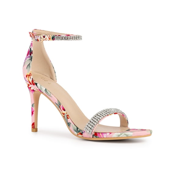 BLISSFUL STEP Style Rhines Straps Floral Print Ankle Strap Stiletto Heel Sandals for Women Pink 7
