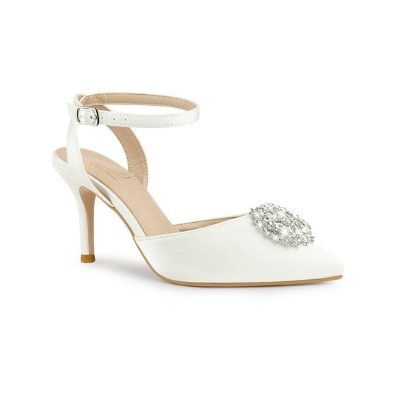 BLISSFUL STEP Rhiness Ankle Strap Stiletto Heel Pumps for Women White 9