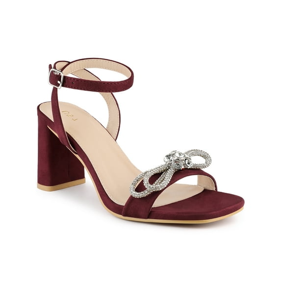 BLISSFUL STEP Rhinestones Slingback Block High Heel Sandal for Women Burgundy (Size 9)
