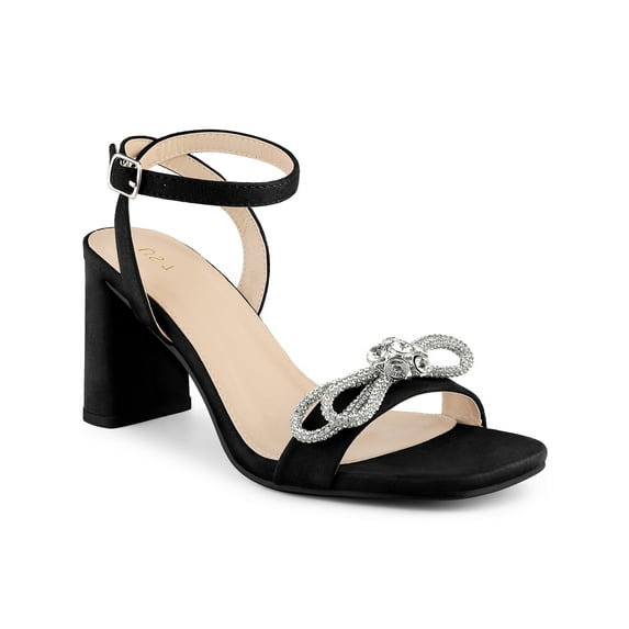 BLISSFUL STEP Rhinestones Slingback Block High Heel Sandal for Women Black (Size 6)