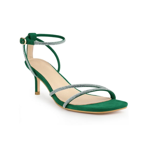BLISSFUL STEP Women's Shoes Rhinestones Kitten Heels Ankle Strap Square Toe Faux Suede Sandals  Green 10