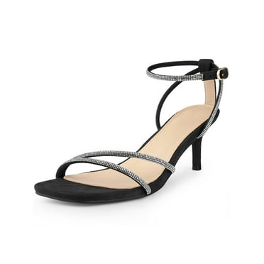 Perphy Rhinestone Square Toe Kitten Heel Ankle Strap Sandals for Women Black (Size 7)