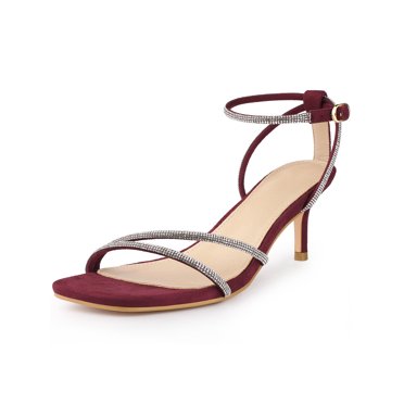 BLISSFUL STEP Rhinestone Square Toe Kitten Heel Ankle Strap Sandals for Women Burgundy (Size 6)