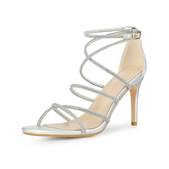 BLISSFUL STEP Rhiness Strappy Open Toe Stiletto Heel Ankle Strap Sandals for Women Silver 6