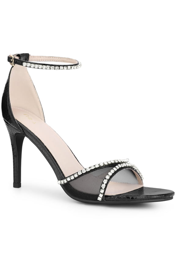Rhinestone Ankle Strap Heel Open Toe Stiletto Heels Sandals for Women Black (Size 9)