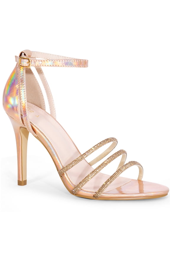 Rhinestone Ankle Strap Stiletto Heel Sandals for Women Rose Gold 7.5
