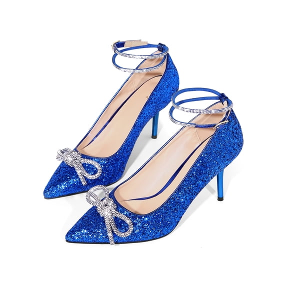 BLISSFUL STEP Women's Shoes Glitter Stiletto High Heels Pointed Toe Rhinestone Bow Ankle Strap Pumps Royal Blue 5.5