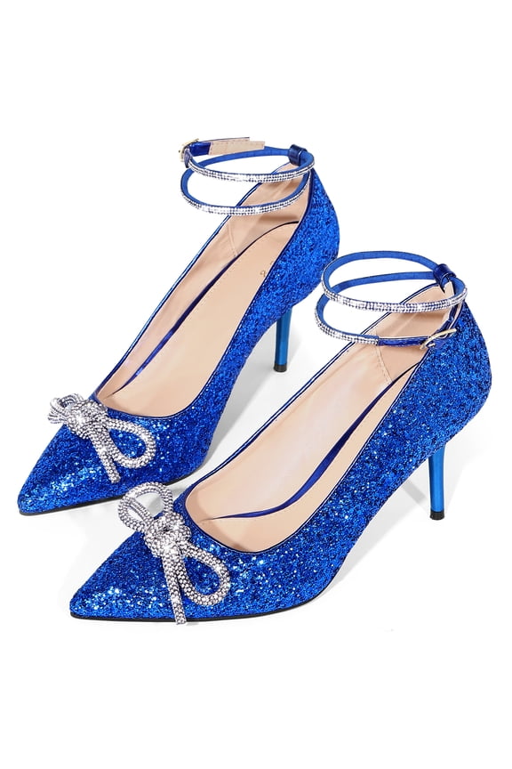 Women's Shoes Glitter Stiletto High Heels Pointed Toe Rhinestone Bow Ankle Strap Pumps Royal Blue 8