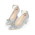 thumbnail image 1 of BLISSFUL STEP Women's Shoes Glitter Stiletto High Heels Pointed Toe Rhinestone Bow Ankle Strap Pumps Silver 7, 1 of 7