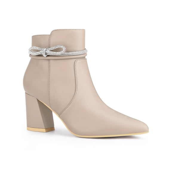 BLISSFUL STEP Women's Ankle Boots Rhinestone Bow Chunky Heel Pointed Toe Side Zip Boots Beige 6.5