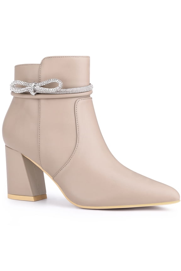 Women's Ankle Boots Rhinestone Bow Chunky Heel Pointed Toe Side Zip Boots Beige 8