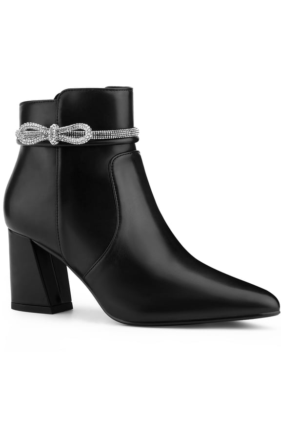 Women's Ankle Boots Rhinestone Bow Chunky Heel Pointed Toe Side Zip Boots Black 9