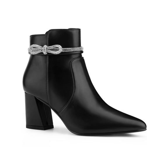 BLISSFUL STEP Women's Ankle Boots Rhinestone Bow Chunky Heel Pointed Toe Side Zip Boots Black 9