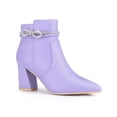 thumbnail image 1 of BLISSFUL STEP Women's Ankle Boots Rhinestone Bow Chunky Heel Pointed Toe Side Zip Boots Purple 7, 1 of 6