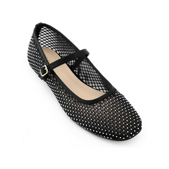 BLISSFUL STEP Rhinestone Breathable Mesh Ballet Flats Pumps for Women Black 8