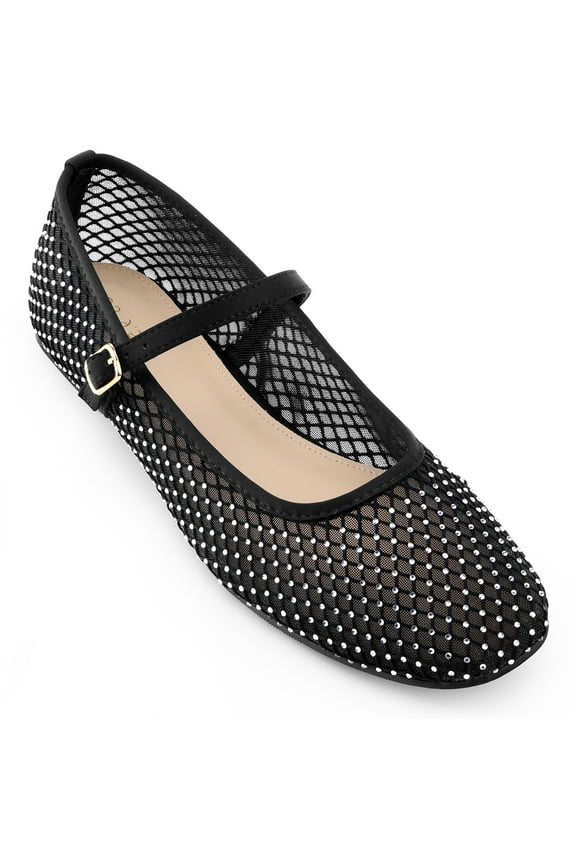 Rhinestone Breathable Mesh Ballet Flats Pumps for Women Black 8