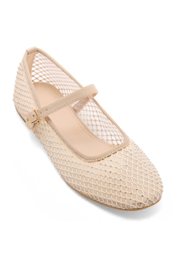 Women's Shoes Round Toe Rhinestone Breathable Mesh Ballet Flats Pumps Champagne 6