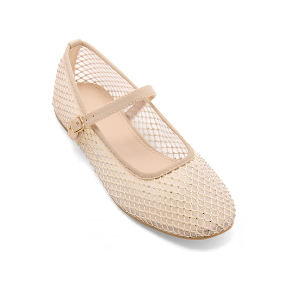BLISSFUL STEP Women's Back to School Shoes Round Toe Rhinestone Breathable Mesh Ballet Flats Pumps Champagne 6