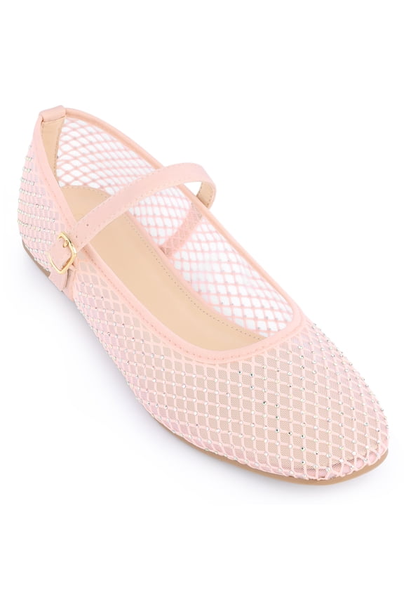 Women's Shoes Round Toe Rhinestone Breathable Mesh Ballet Flats Pumps Pink 6.5