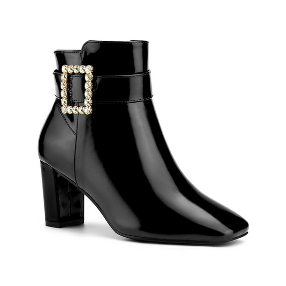 BLISSFUL STEP Womne's Ankle Boots Chunky Heel Square Toe Rhinestone Buckle Side Zipper Faux Leather Boots Black 6