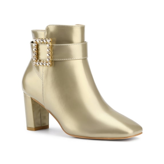 BLISSFUL STEP Womne's Ankle Boots Chunky Heel Square Toe Rhinestone Buckle Side Zipper Faux Leather Boots Gold 10