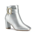 thumbnail image 1 of BLISSFUL STEP Womne's Ankle Boots Chunky Heel Square Toe Rhinestone Buckle Side Zipper Faux Leather Boots Silver 6, 1 of 6