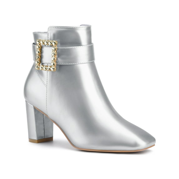 BLISSFUL STEP Womne's Ankle Boots Chunky Heel Square Toe Rhinestone Buckle Side Zipper Faux Leather Boots Silver 8