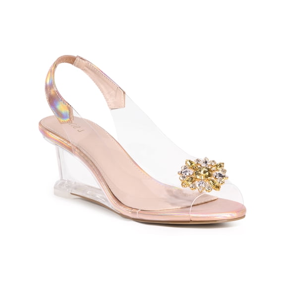 BLISSFUL STEP Rhinestone Clear Wedge Heel Sandals for Women Rose Gold 6