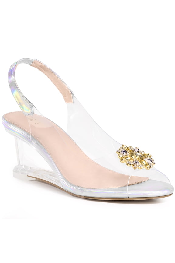 Rhinestone Clear Wedge Heel Sandals for Women Silver 8