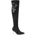 thumbnail image 1 of BLISSFUL STEP Rhinestone Flower Pointed Toe Stiletto Heel Over the Knee High Boots for Women Black 6, 1 of 7