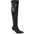 thumbnail image 1 of BLISSFUL STEP Rhinestone Flower Pointed Toe Stiletto Heel Over the Knee High Boots for Women Black 9, 1 of 7