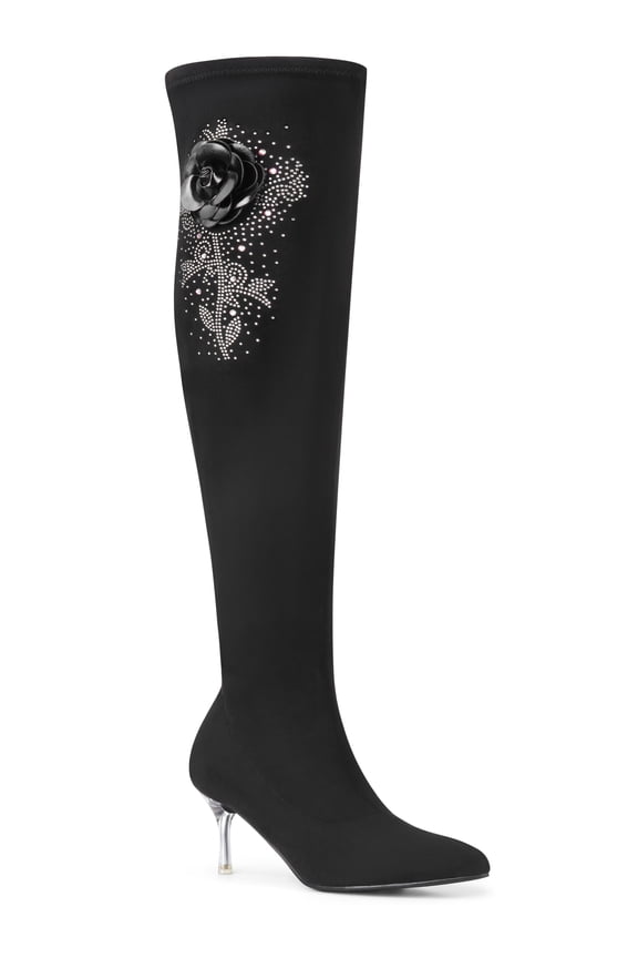Rhinestone Flower Pointed Toe Stiletto Heel Over the Knee High Boots for Women Black 9