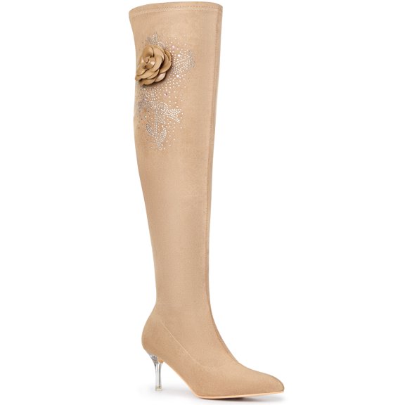 BLISSFUL STEP Rhinestone Flower Pointed Toe Stiletto Heel Over the Knee High Boots for Women Khaki 6