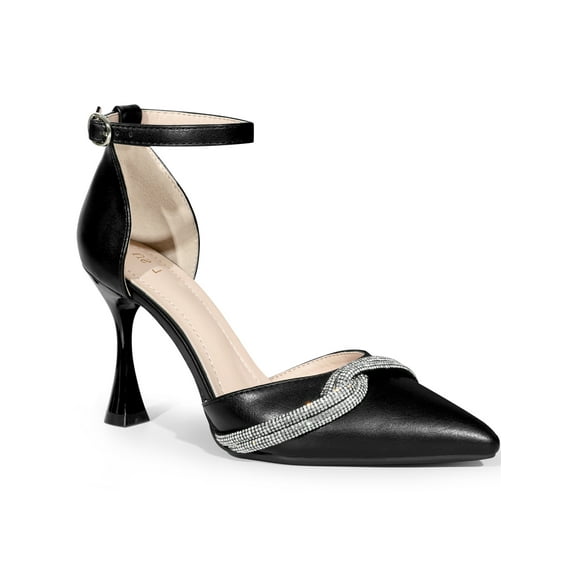 BLISSFUL STEP Rhinestone Pointy Toe Ankle Strap Stiletto Heel Pumps for Women Black (Size 6)