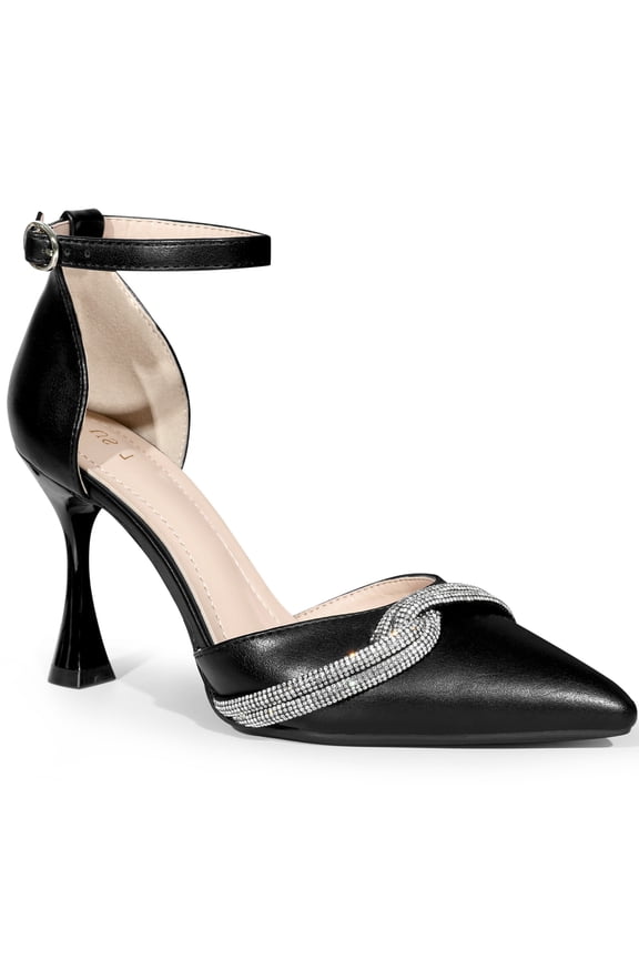 Rhinestone Pointy Toe Ankle Strap Stiletto Heel Pumps for Women Black (Size 8.5)