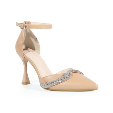 Perphy Rhinestone Pointy Toe Ankle Strap Stiletto Heel Pumps for Women Nude (Size 7.5)