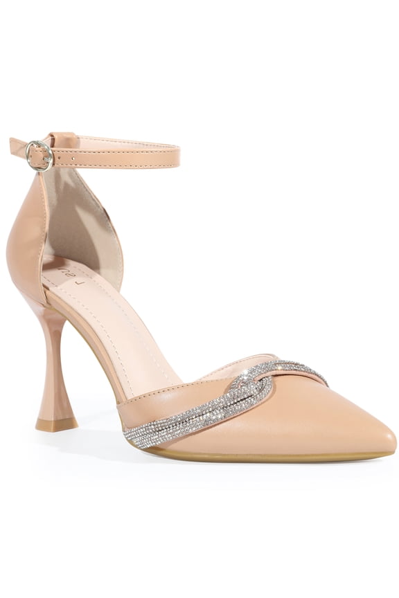 Rhinestone Pointy Toe Ankle Strap Stiletto Heel Pumps for Women Nude (Size 7.5)