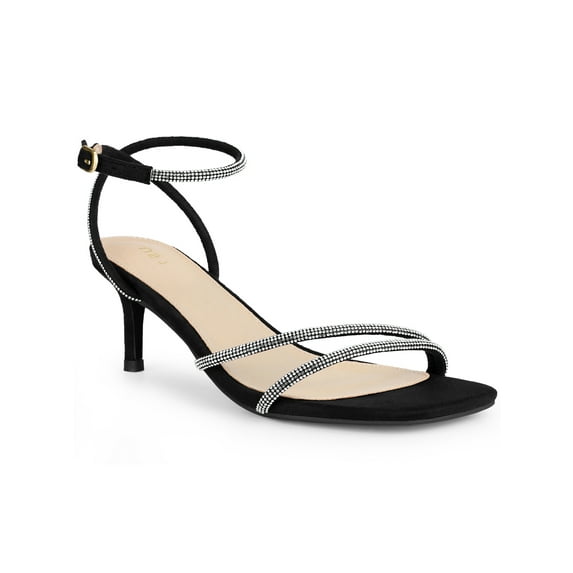 BLISSFUL STEP Women's Shoes Rhinestones Kitten Heels Ankle Strap Square Toe Faux Suede Sandals Black-1 10