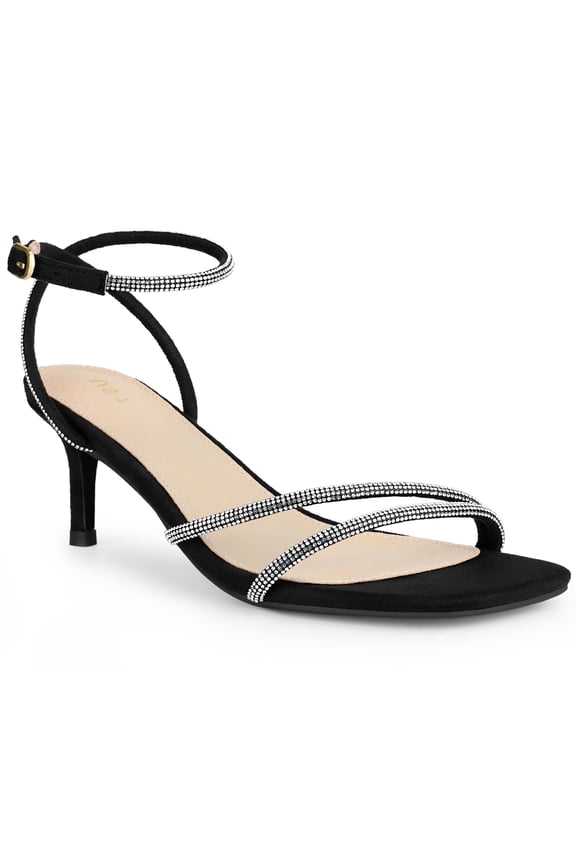 Women's Shoes Rhinestones Kitten Heels Ankle Strap Square Toe Faux Suede Sandals Black-1 8