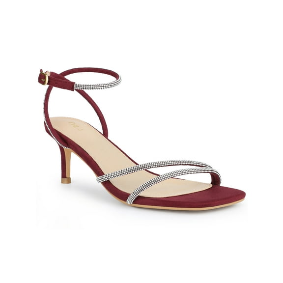 BLISSFUL STEP Women's Shoes Rhinestones Kitten Heels Ankle Strap Square Toe Faux Suede Sandals Burgundy-1 10