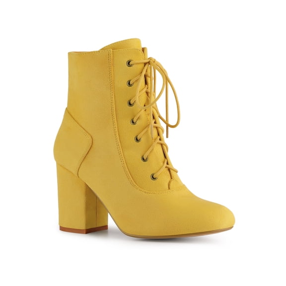 BLISSFUL STEP Women's Ankle Boots Faux Suede Chunky Heel Lace Up Side Zip Round Toe Booties Yellow 5.5