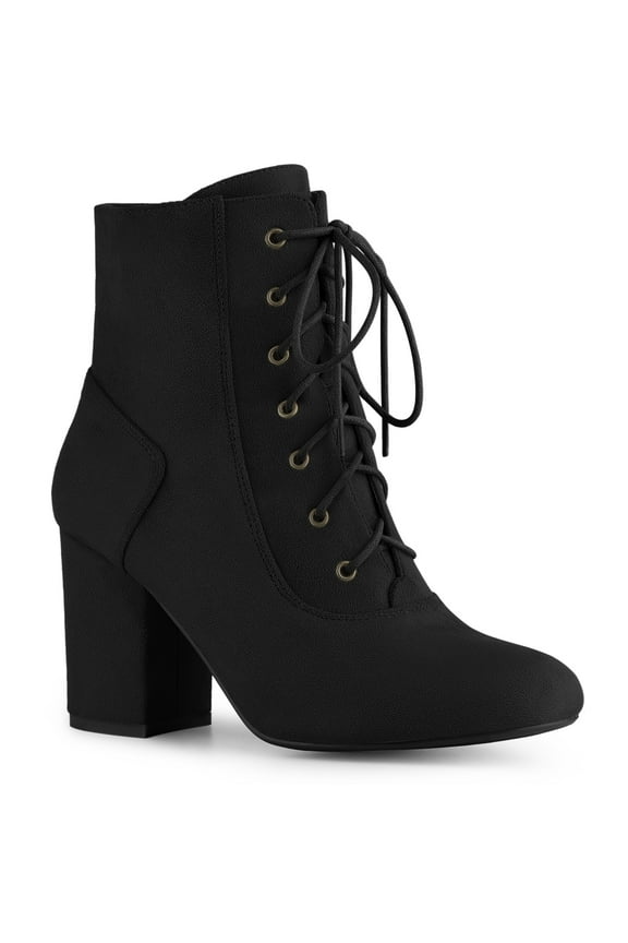 Women's Ankle Boots Faux Suede Chunky Heel Lace Up Side Zip Round Toe Booties Black 7