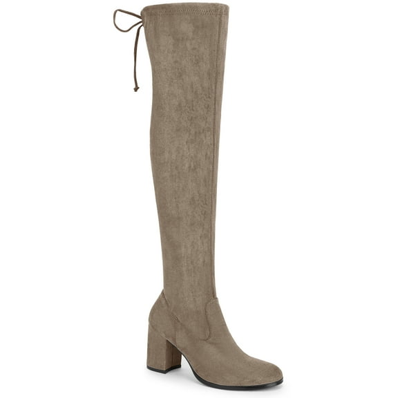 BLISSFUL STEP Women's Boots Round Toe Chunky Heel Over the Knee High Faux Suede Boots Taupe 6