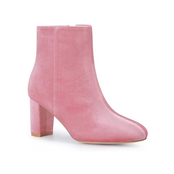 BLISSFUL STEP Women's Ankle Boots Round Toe Chunky Heels Side Zip Velvet Booties Pink 7