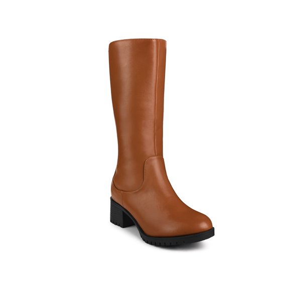 BLISSFUL STEP Round Toe Low Block Heels Mid Calf Boots for Women Brown 10