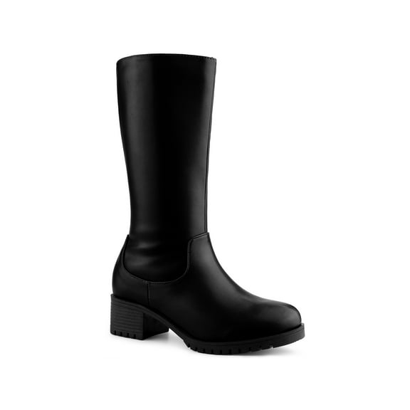 BLISSFUL STEP Round Toe Low Block Heels Mid Calf Boots for Women Black 7