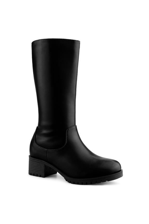 Round Toe Low Block Heels Mid Calf Boots for Women Black 7.5